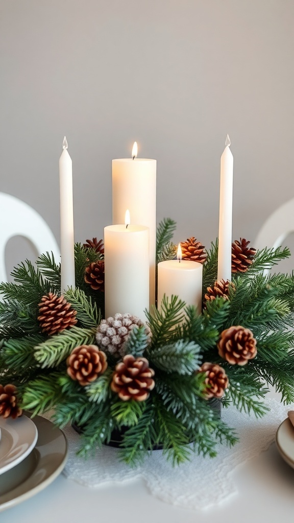 A festive centerpiece with candles and pinecones on a holiday table.