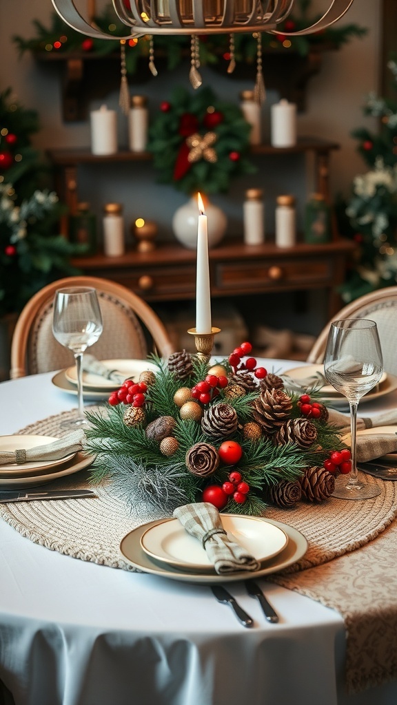 A beautifully decorated dining table for Christmas featuring a centerpiece of pinecones, berries, and greenery with a lit candle.