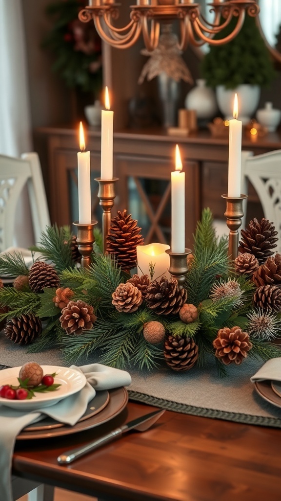 A beautifully arranged table centerpiece featuring pinecones, greenery, and candles.