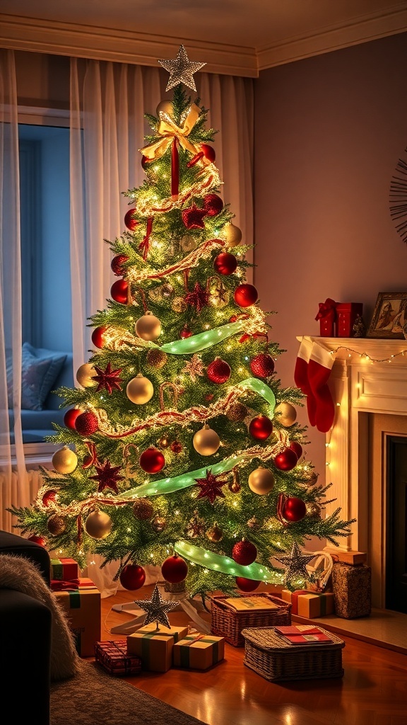 A beautifully decorated Christmas tree with red and gold ornaments, green ribbon, and wrapped gifts underneath.