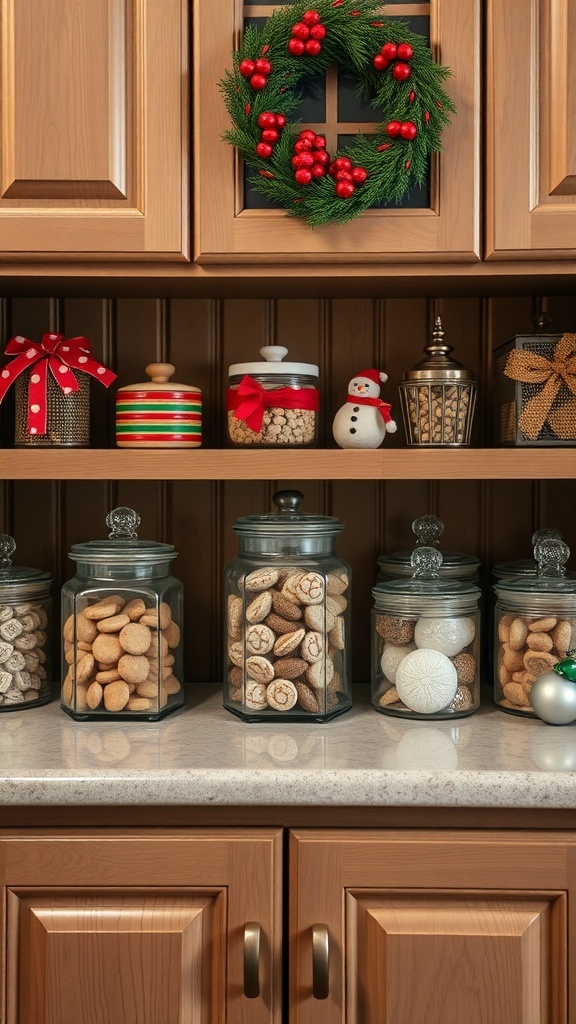 A collection of festive cookie jars on a kitchen shelf, decorated for Christmas.