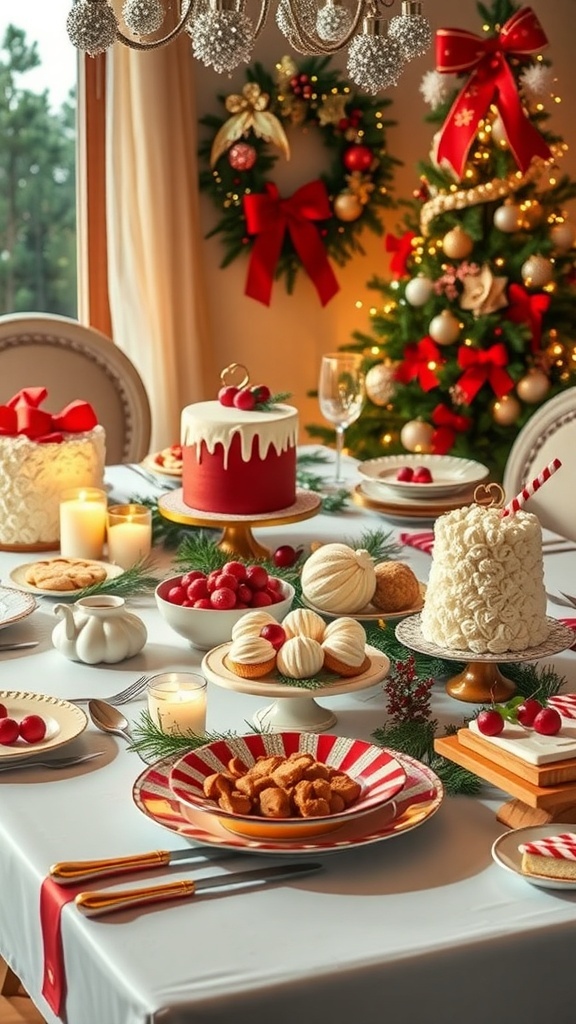 A beautifully arranged Christmas dessert table with cakes, cookies, and festive decorations.