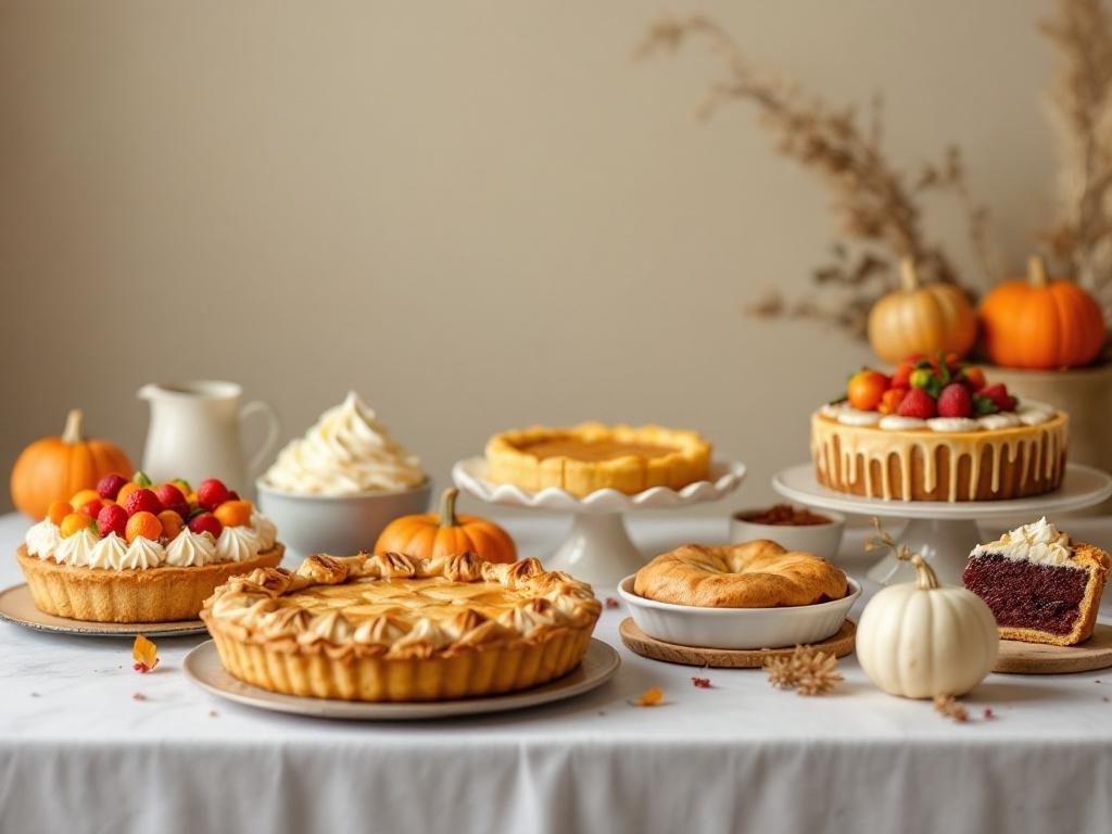 A festive Thanksgiving dessert table featuring various pies and cakes, including pumpkin pie, fruit tart, chocolate cake, and cheesecake, with small pumpkins and autumn leaves as decoration.