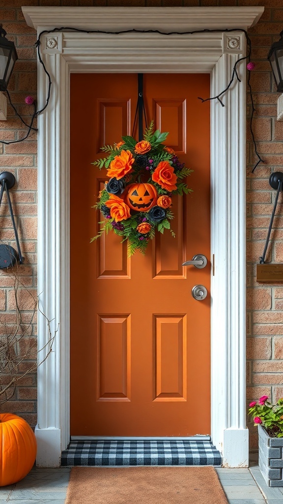 A festive Halloween wreath with orange and black flowers and a pumpkin on an orange door.