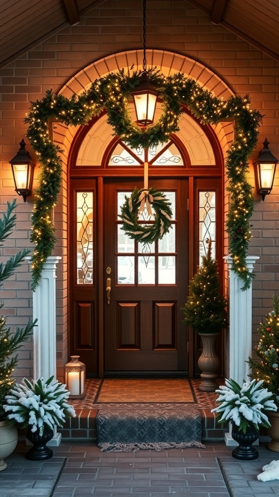 A festive entryway with holiday decorations, featuring a wreath, lights, and potted plants.