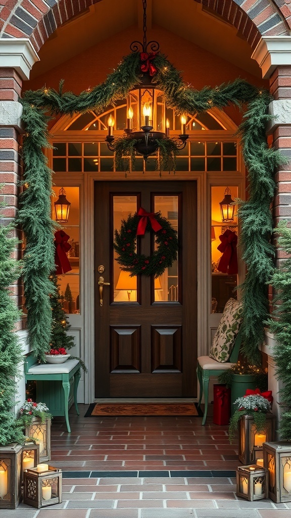A festive entryway decorated with pine garlands, a wreath, and lanterns.