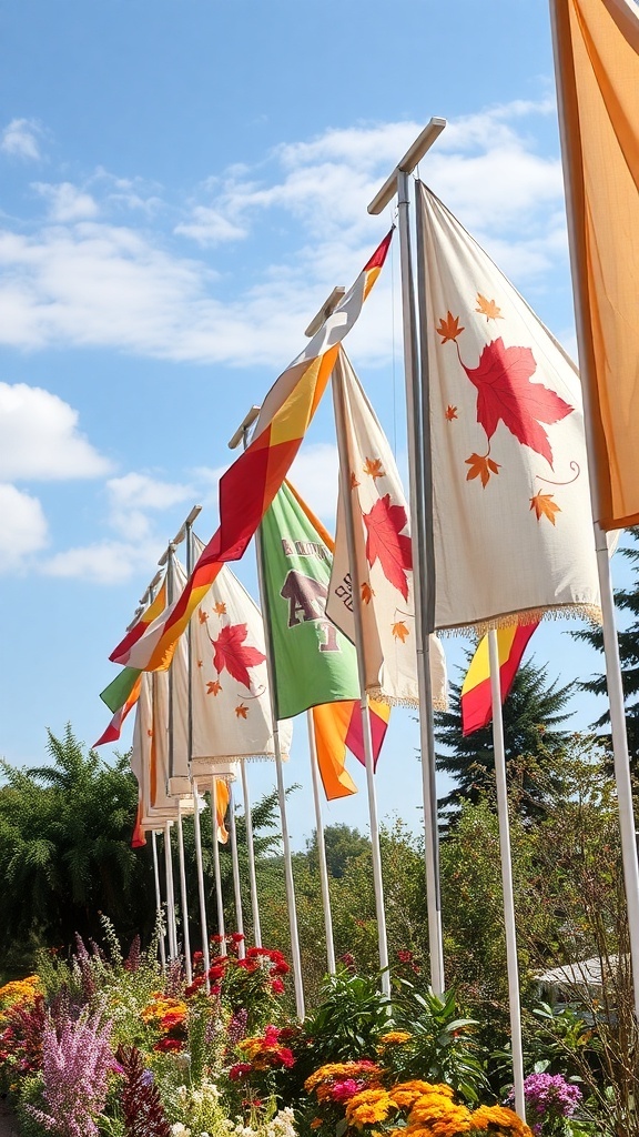 Colorful fall flags and banners displayed in a yard with flowers