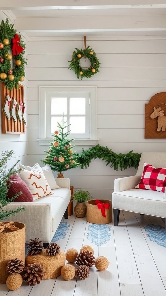 A cozy Christmas room decorated with wreaths, a small tree, and rustic elements.