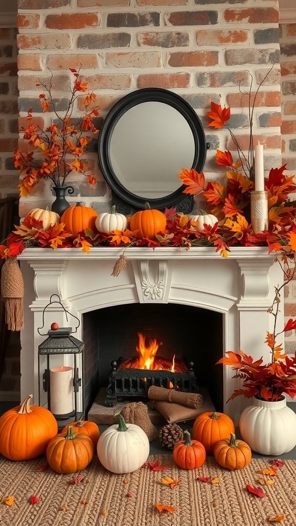 A festive fireplace decorated with pumpkins, autumn leaves, and candles.