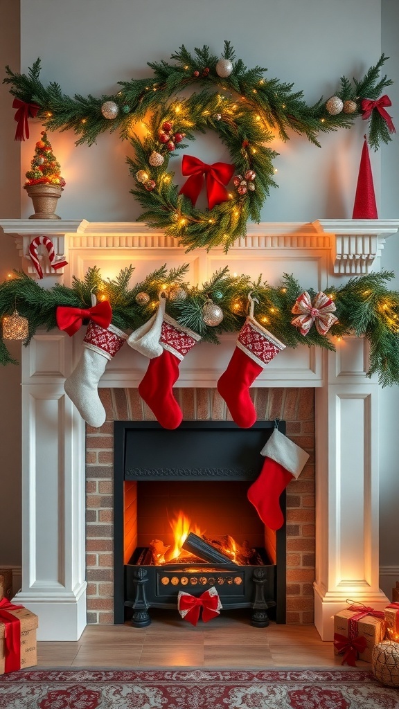 A festive fireplace mantel decorated with stockings, a garland, and a wreath for Christmas.