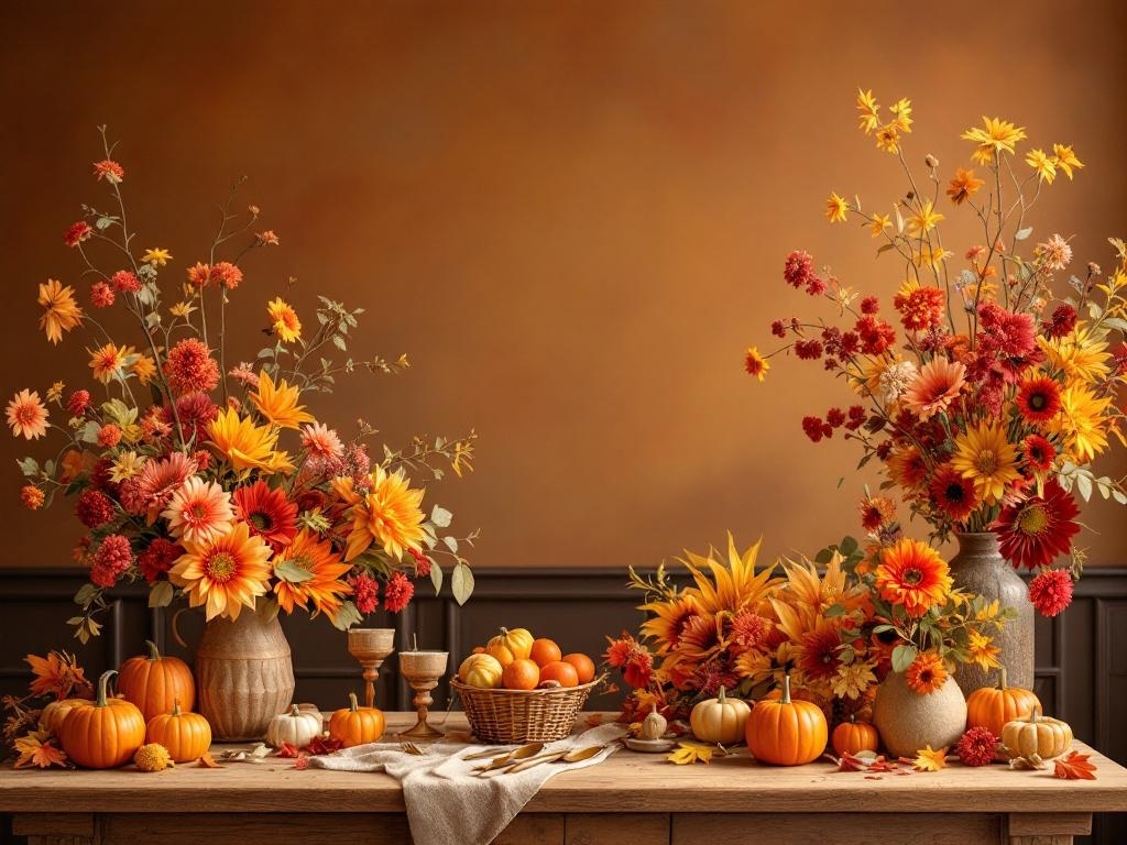A Thanksgiving table with vibrant floral arrangements in warm autumn colors, featuring sunflowers and pumpkins.