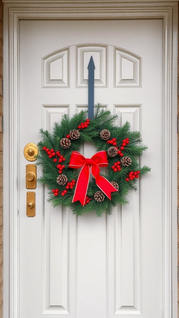 A decorated front door with a wreath featuring pinecones, red berries, and a large red bow.