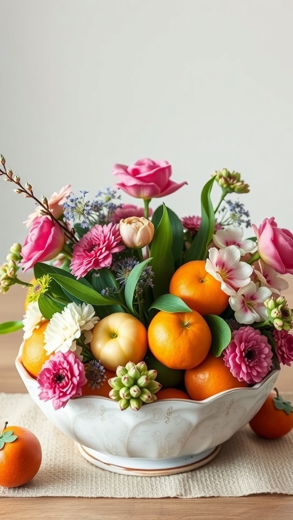 A floral centerpiece featuring pink flowers and oranges in a decorative bowl.