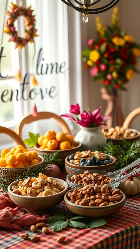 A festive table arrangement featuring bowls of nuts and fruits, decorated for Christmas.