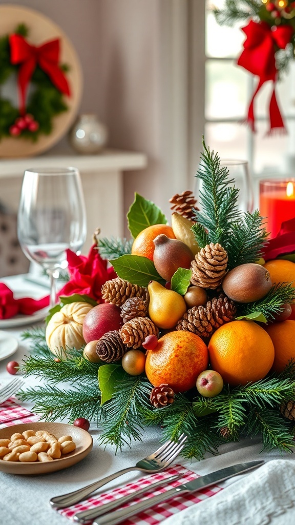 A festive table arrangement featuring fruits, nuts, and pinecones.