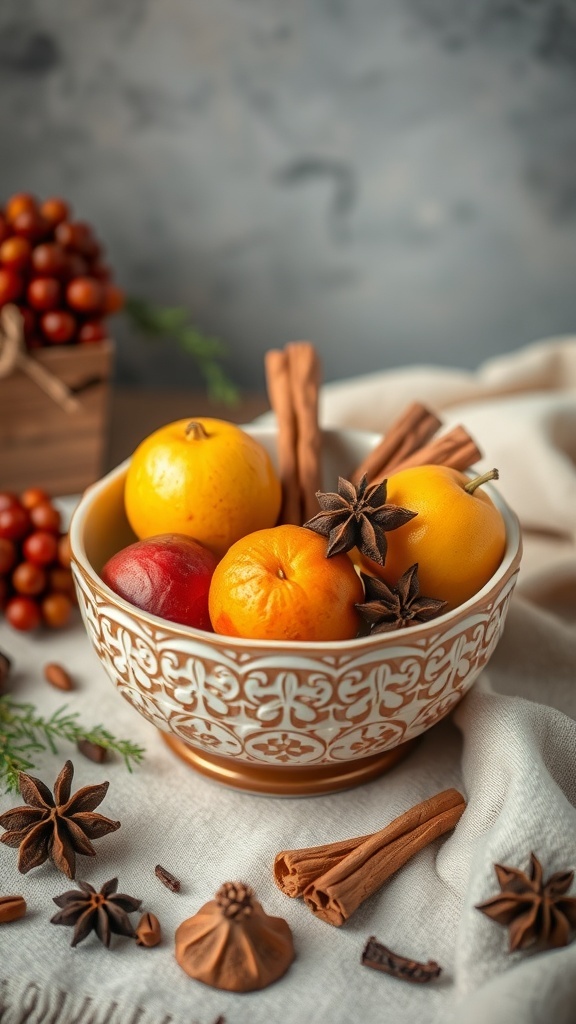 A bowl of colorful fruits and spices arranged for Christmas decor