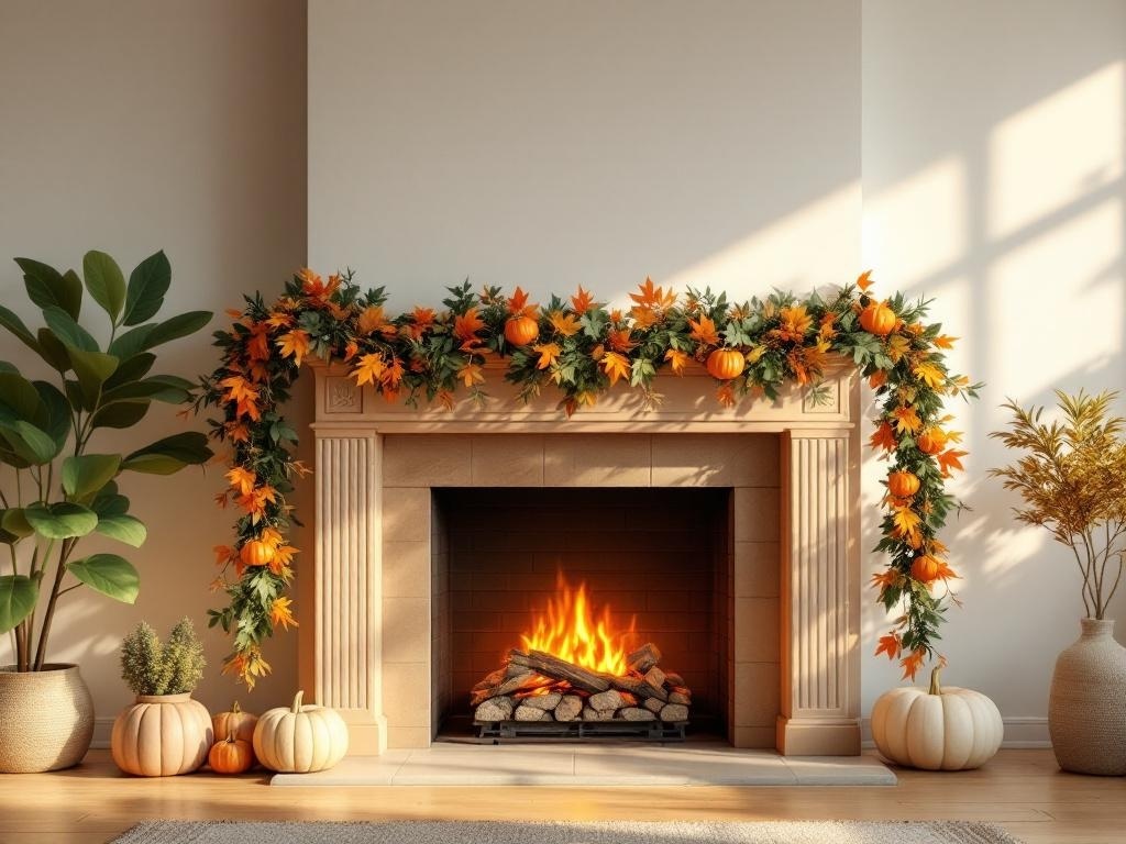A cozy living room with a fireplace decorated with a festive garland featuring orange leaves and pumpkins.