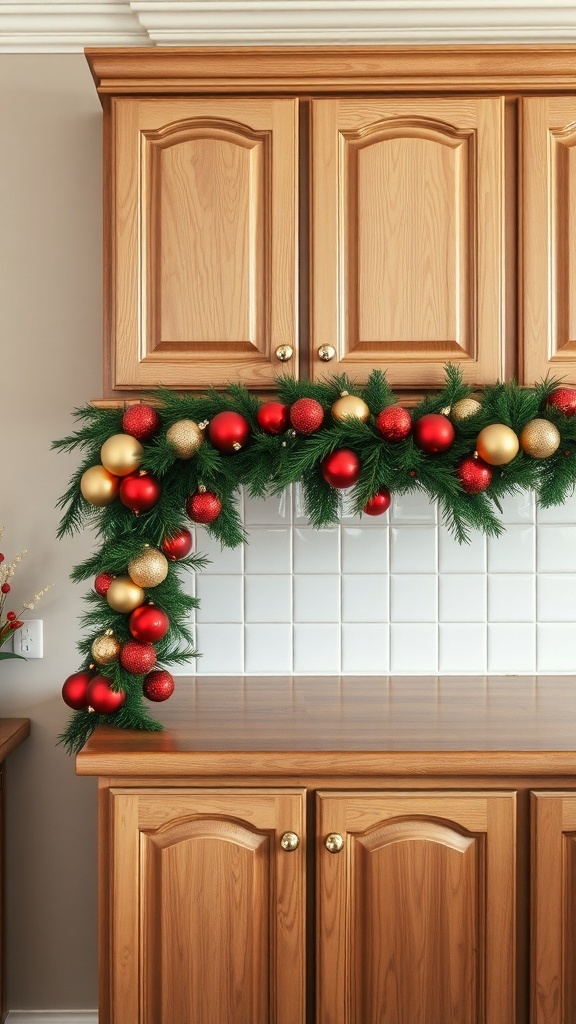 A festive garland with red and gold ornaments draped over kitchen cabinets.