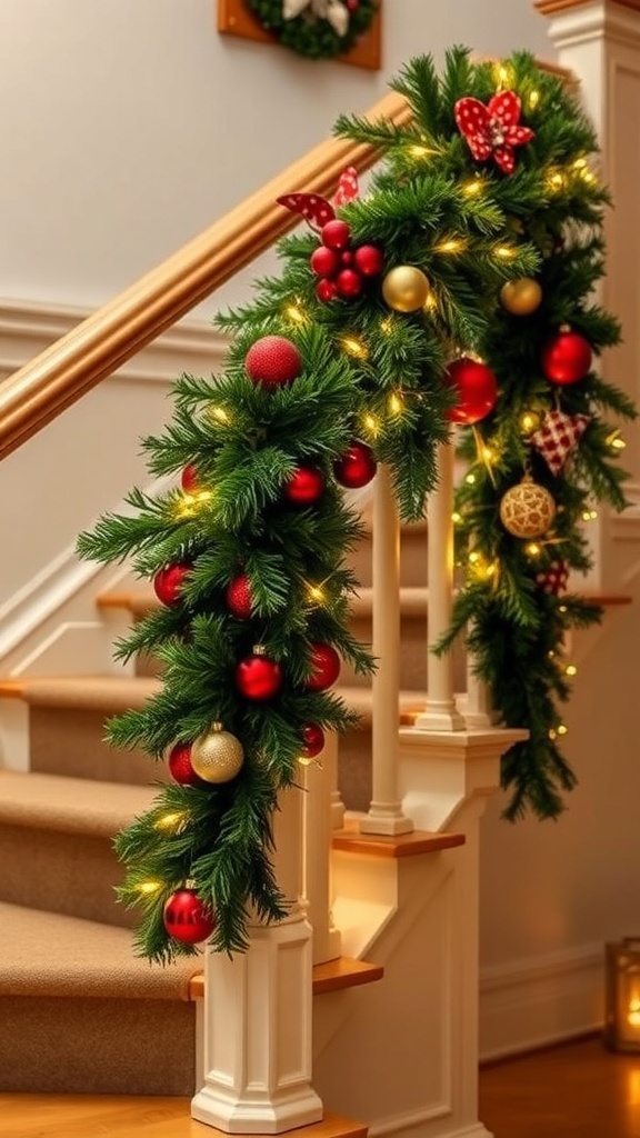 A festive garland with red and gold ornaments draped over a staircase railing, adorned with twinkling lights.