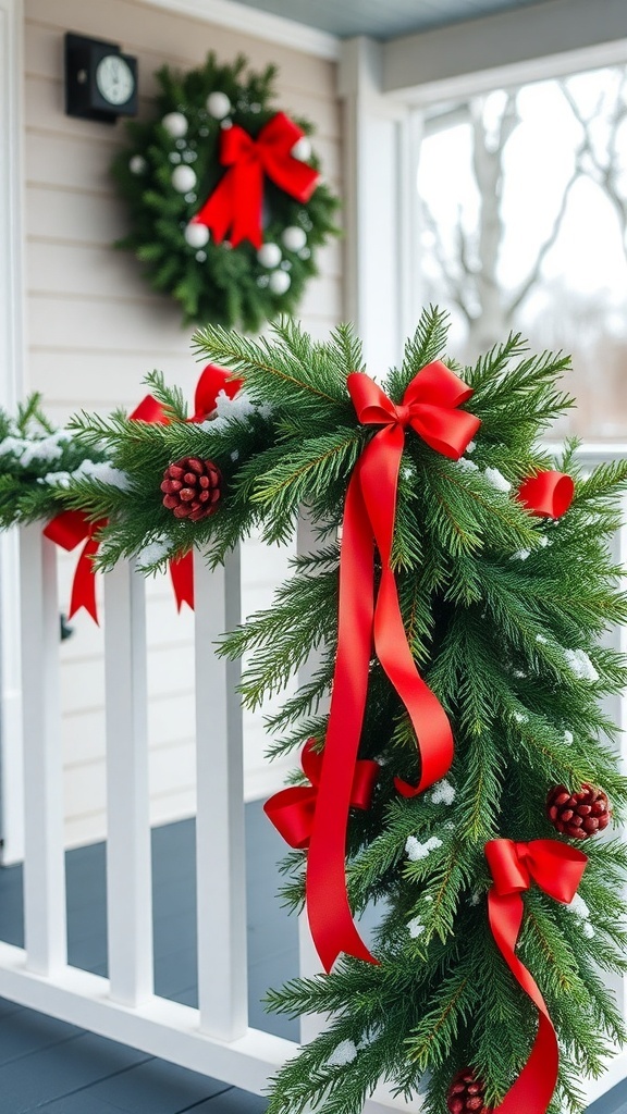A beautifully decorated porch railing with green garland, red ribbons, and pinecones.