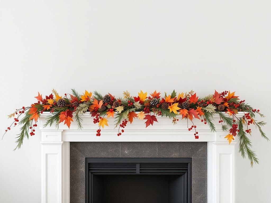 A vibrant garland of autumn leaves, pinecones, and berries draped over a mantel.