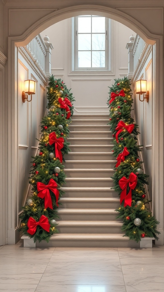 A beautifully decorated staircase with garlands and red bows for Christmas.