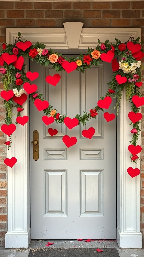 A decorated entryway with a garland of flowers and red hearts.