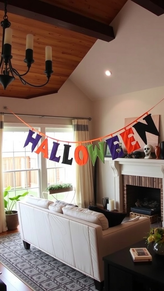 A cozy living room decorated for Halloween with a colorful 'HALLOWEEN' banner above a couch, pumpkins on the floor, and decorative pillows.