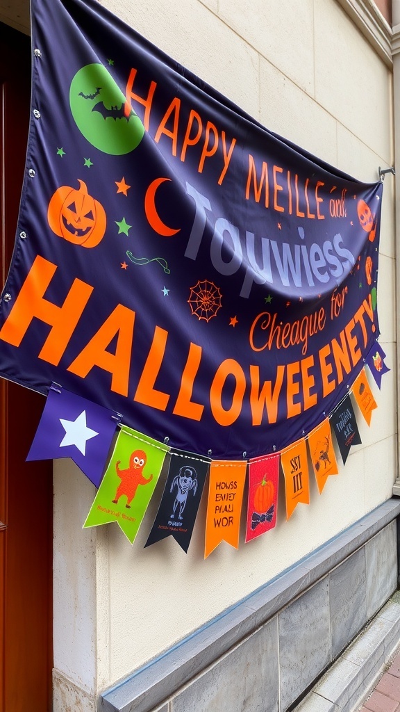 A colorful Halloween banner with pumpkins and ghosts hanging on a wall.