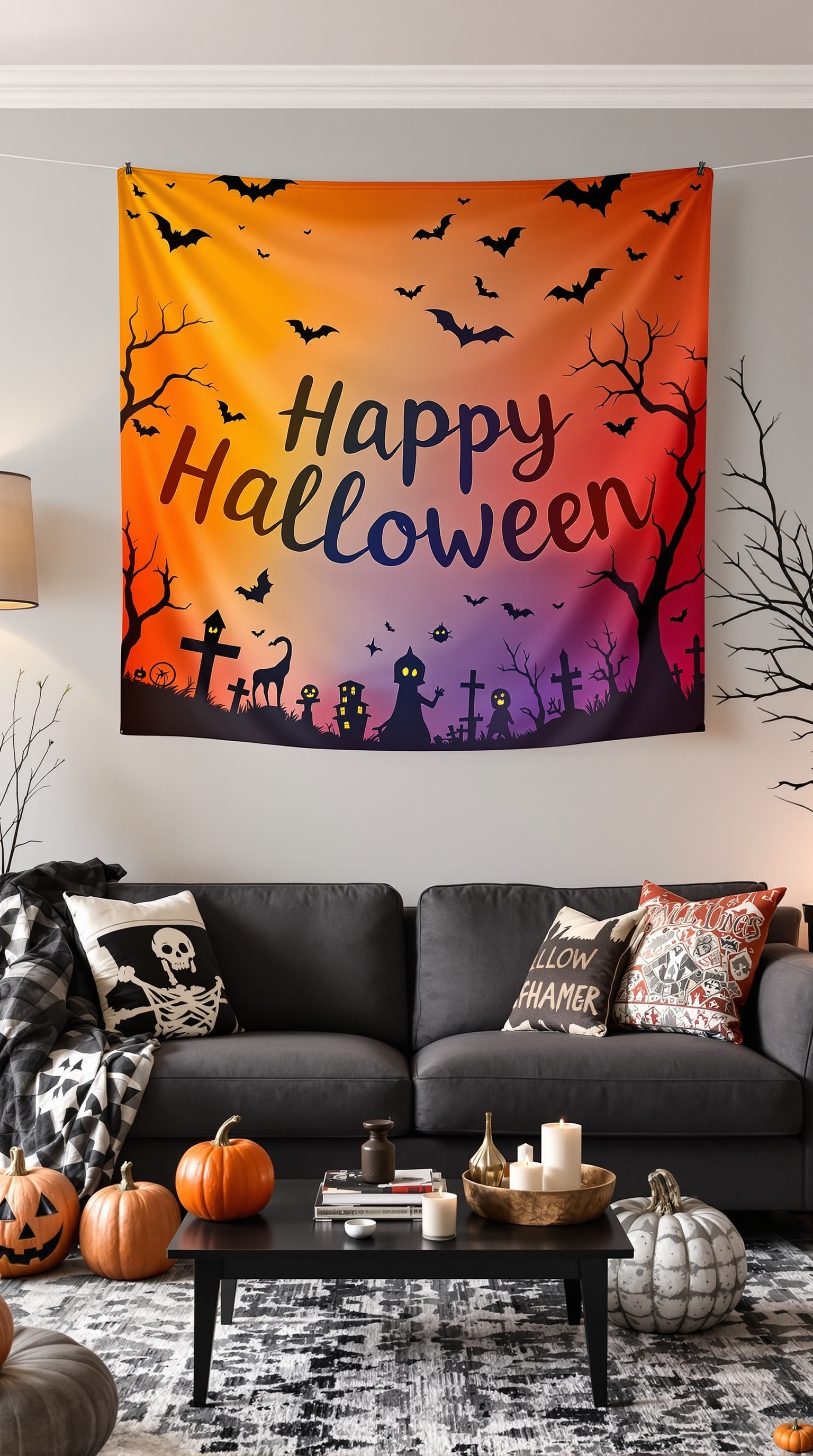 A cozy living room decorated for Halloween with a colorful banner that says 'HAPPY HALLOWEEN' and festive decorations.