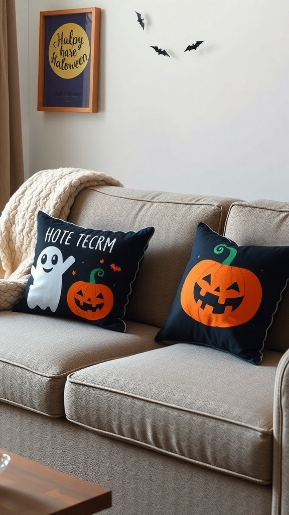 A cozy couch with Halloween-themed throw pillows featuring a ghost and a jack-o'-lantern.