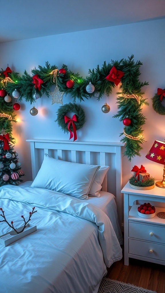 A cozy winter bedroom decorated with garlands, ornaments, and a small Christmas tree.