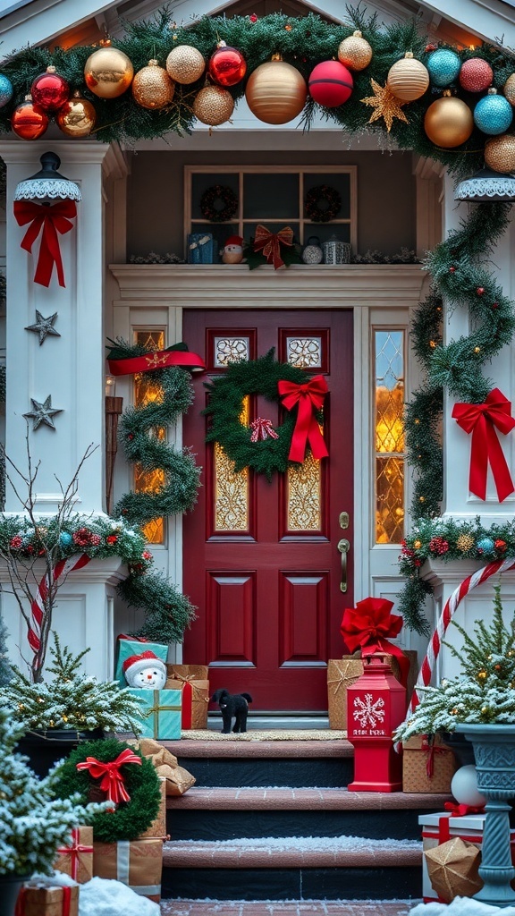 A beautifully decorated front porch with a red door, holiday wreath, ornaments, and festive gifts.