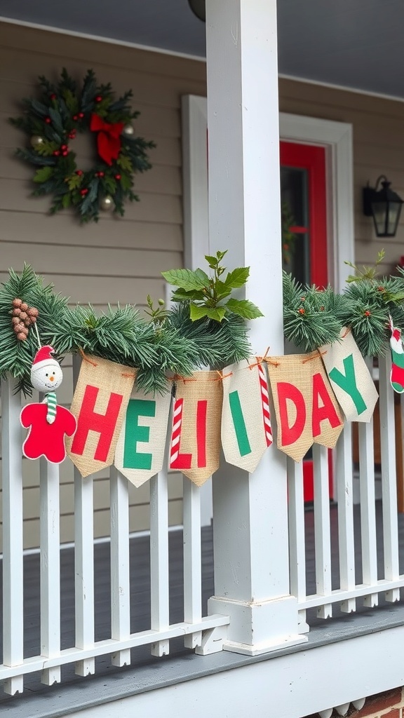 A festive holiday banner on a porch with decorations.