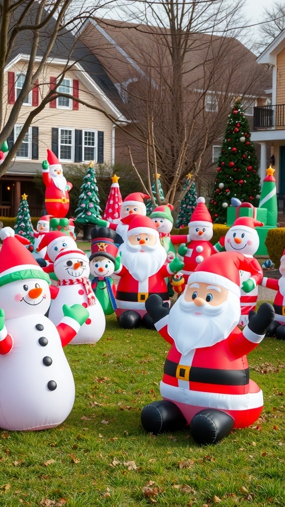 A yard filled with various festive inflatable characters including Santa Claus and snowmen.