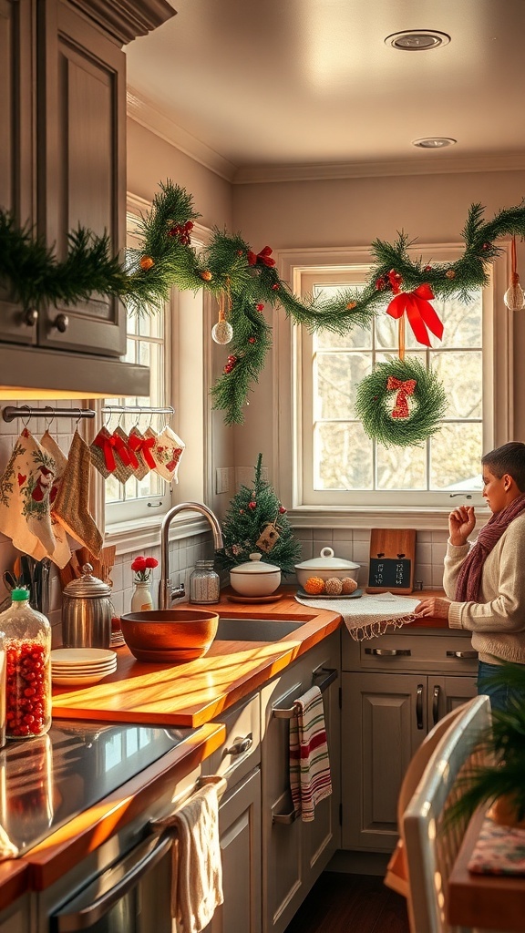 A festive kitchen decorated with garlands, wreaths, and holiday-themed towels.