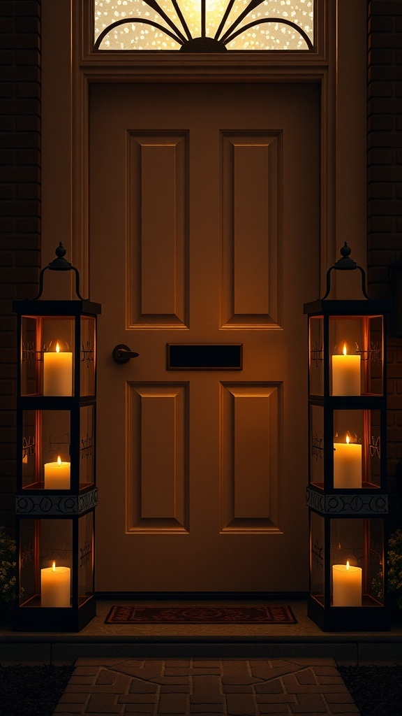 Two lanterns with candles on either side of a front door, creating a warm glow.