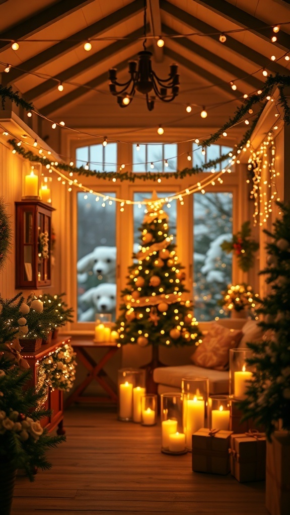 Cozy winter room decorated with string lights, a Christmas tree, and candles