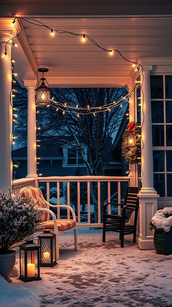 A winter porch decorated with string lights and lanterns, creating a cozy atmosphere.