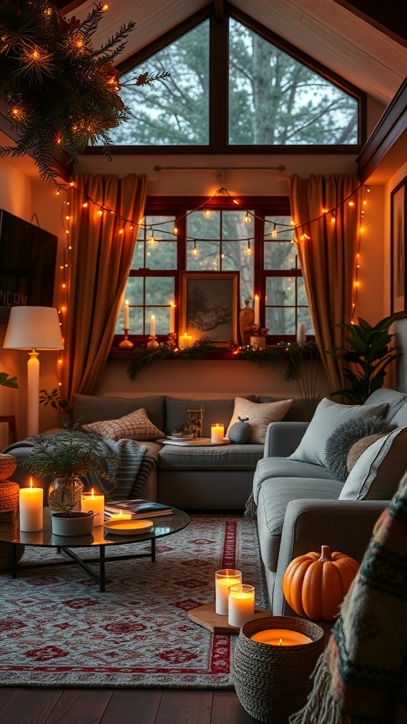 A cozy fall living room with warm lighting, candles, and autumn decor.