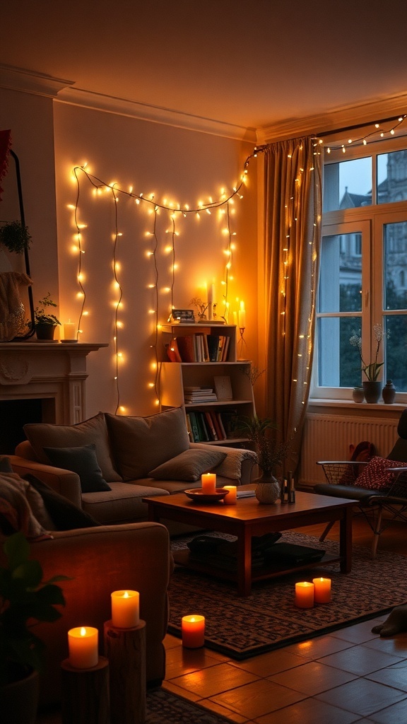 A cozy winter living room with string lights and candles.