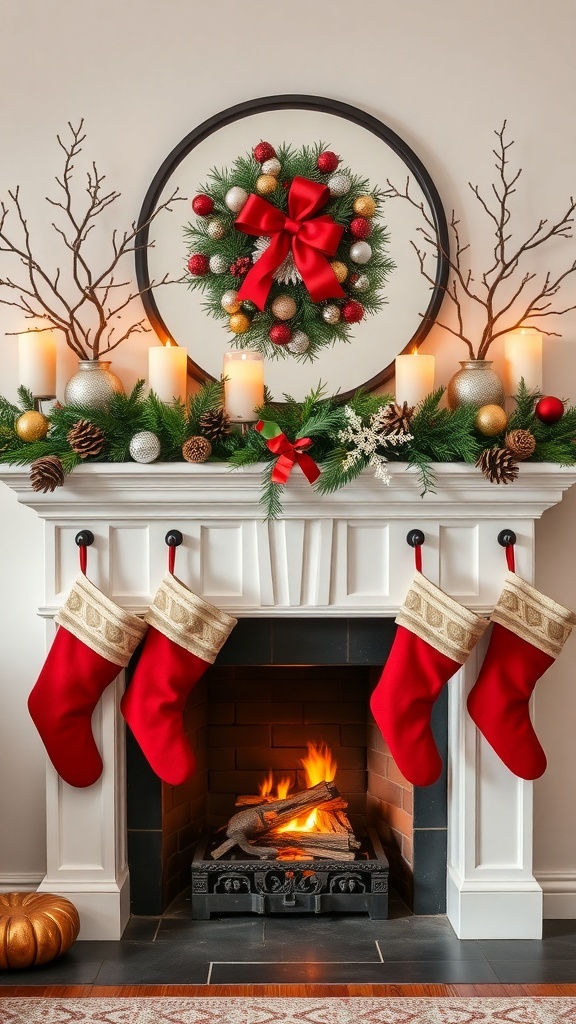 A beautifully decorated mantel with stockings, a wreath, candles, and pinecones.