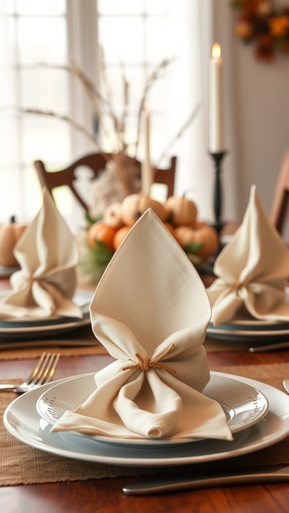 A beautifully set Thanksgiving table with folded beige napkins on plates, creating an inviting atmosphere.