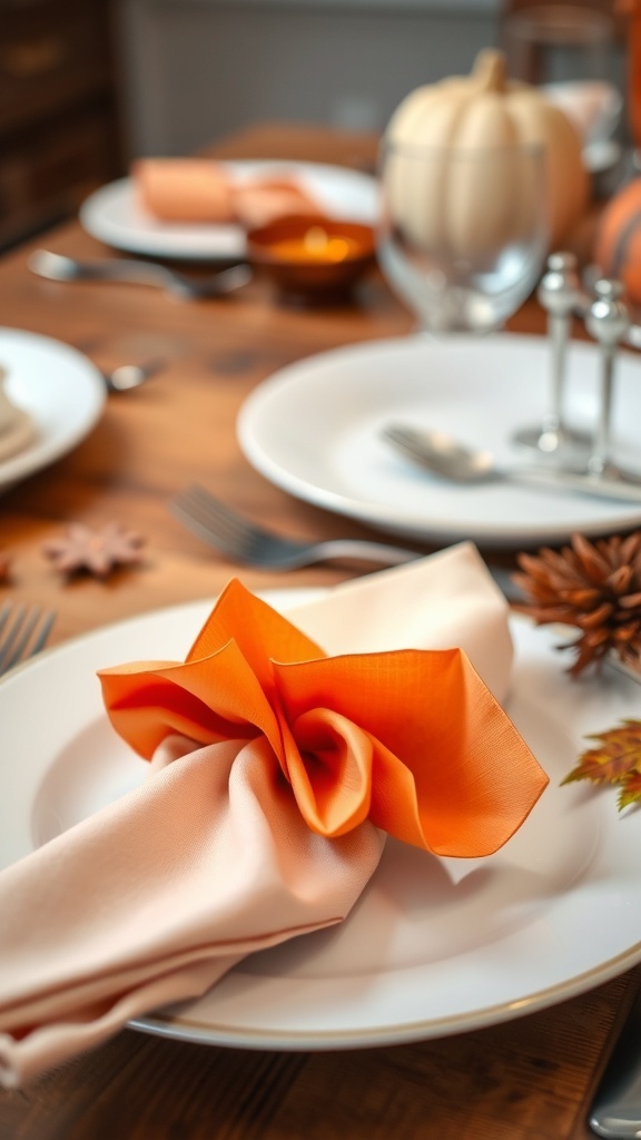 A beautifully folded orange napkin on a white plate, part of a Thanksgiving table setting.