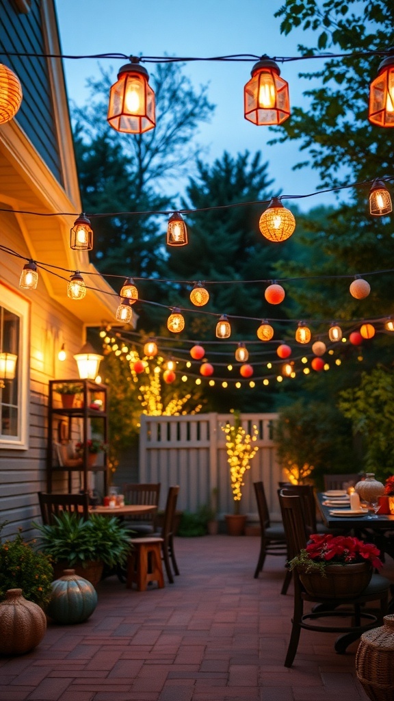 A cozy outdoor patio with string lights and lanterns, creating a warm atmosphere for fall.