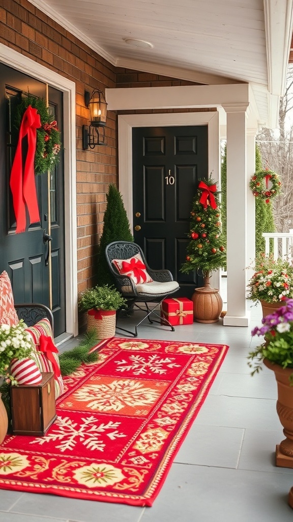 A beautifully decorated front porch with a festive outdoor rug featuring snowflakes, surrounded by holiday decorations.