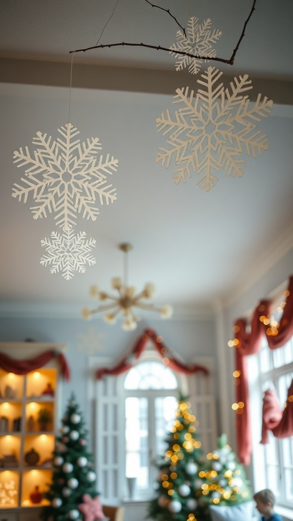 Decorative paper snowflakes hanging in a room with Christmas trees and warm lights.