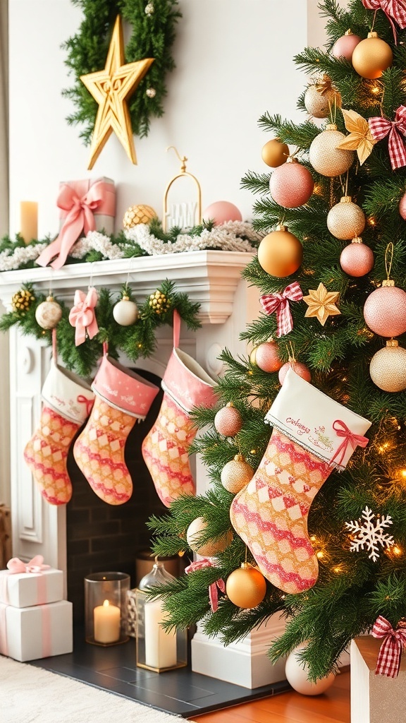 A cozy holiday scene featuring pink and gold stockings hanging from a mantel, adorned with a decorated Christmas tree.