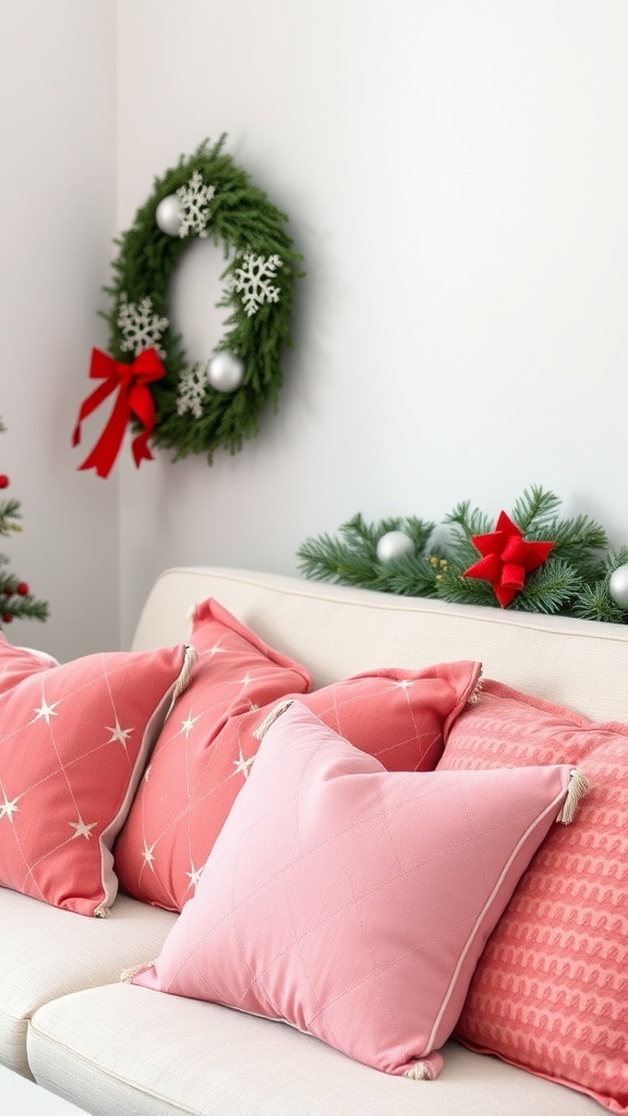 A cozy sofa with pink throw pillows, decorated for Christmas.