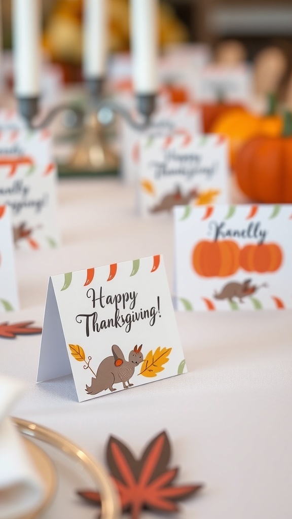 A beautifully set Thanksgiving table with place cards, pumpkins, and candles.